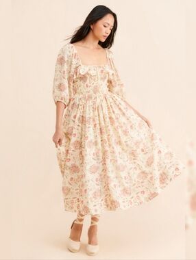 Free People Oasis Printed Midi Dress Ivory Floral Puff Sleeve Women's Medium